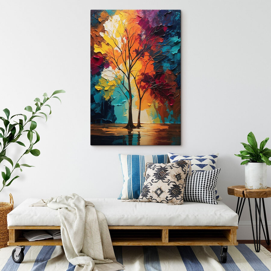Schilderij van bomen met kleurrijke bladeren