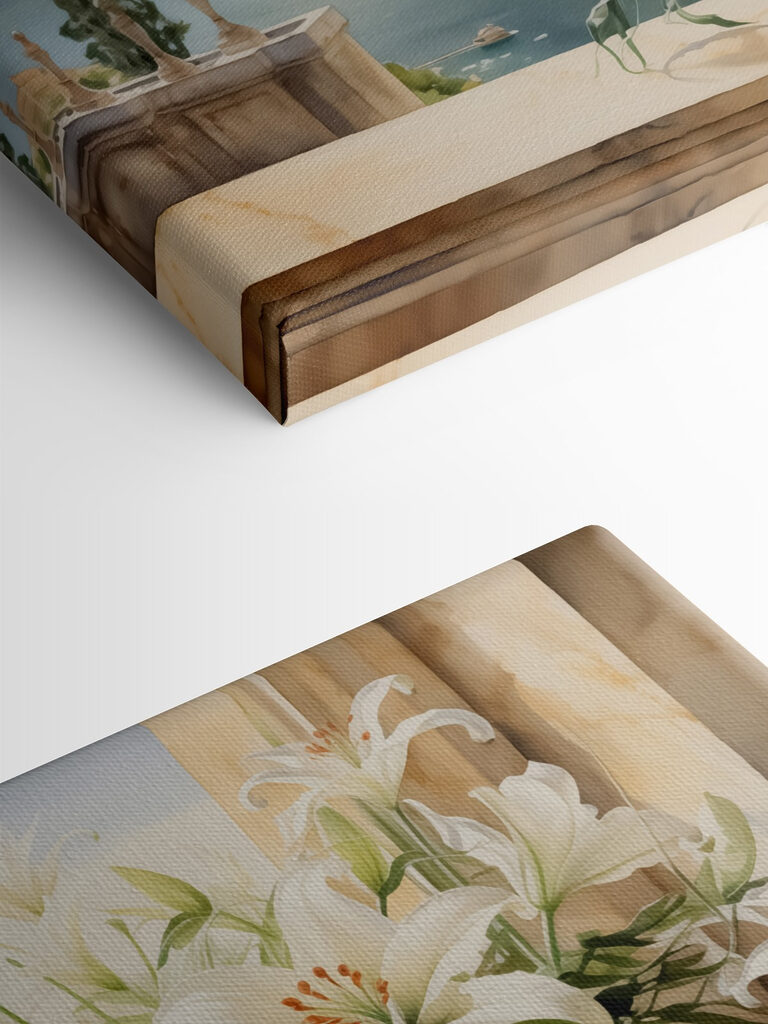 Painting of a white flower pot with white flowers