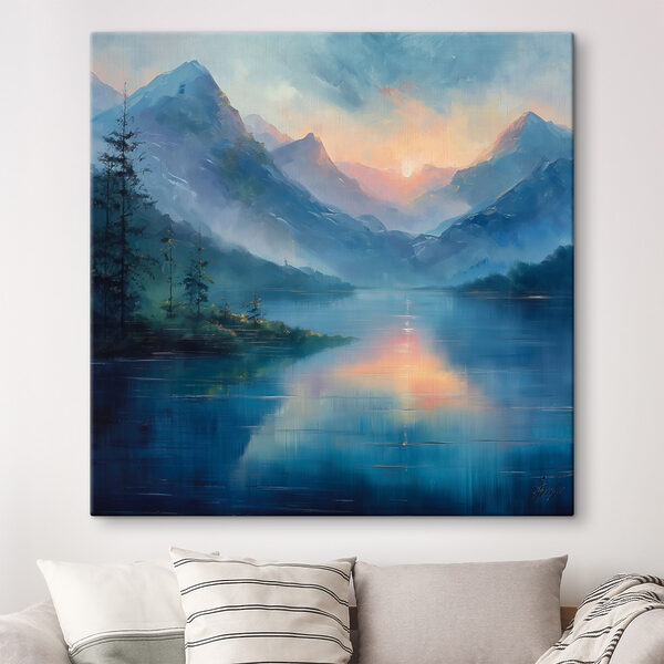 Schilderij van een meer met bergen en bomen Schilderij van een meer met bergen en bomen