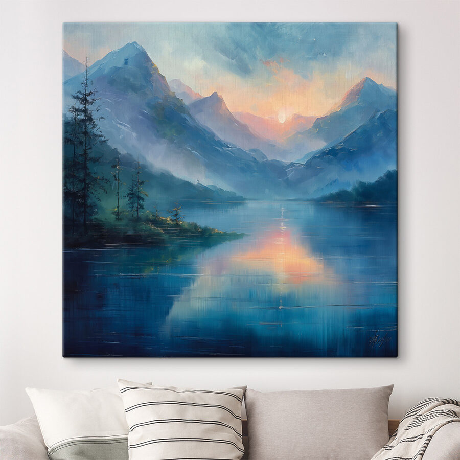 Schilderij van een meer met bergen en bomen Schilderij van een meer met bergen en bomen