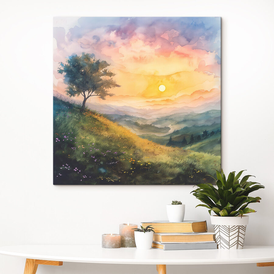 Schilderij van een landschap met een boom en bloemen
