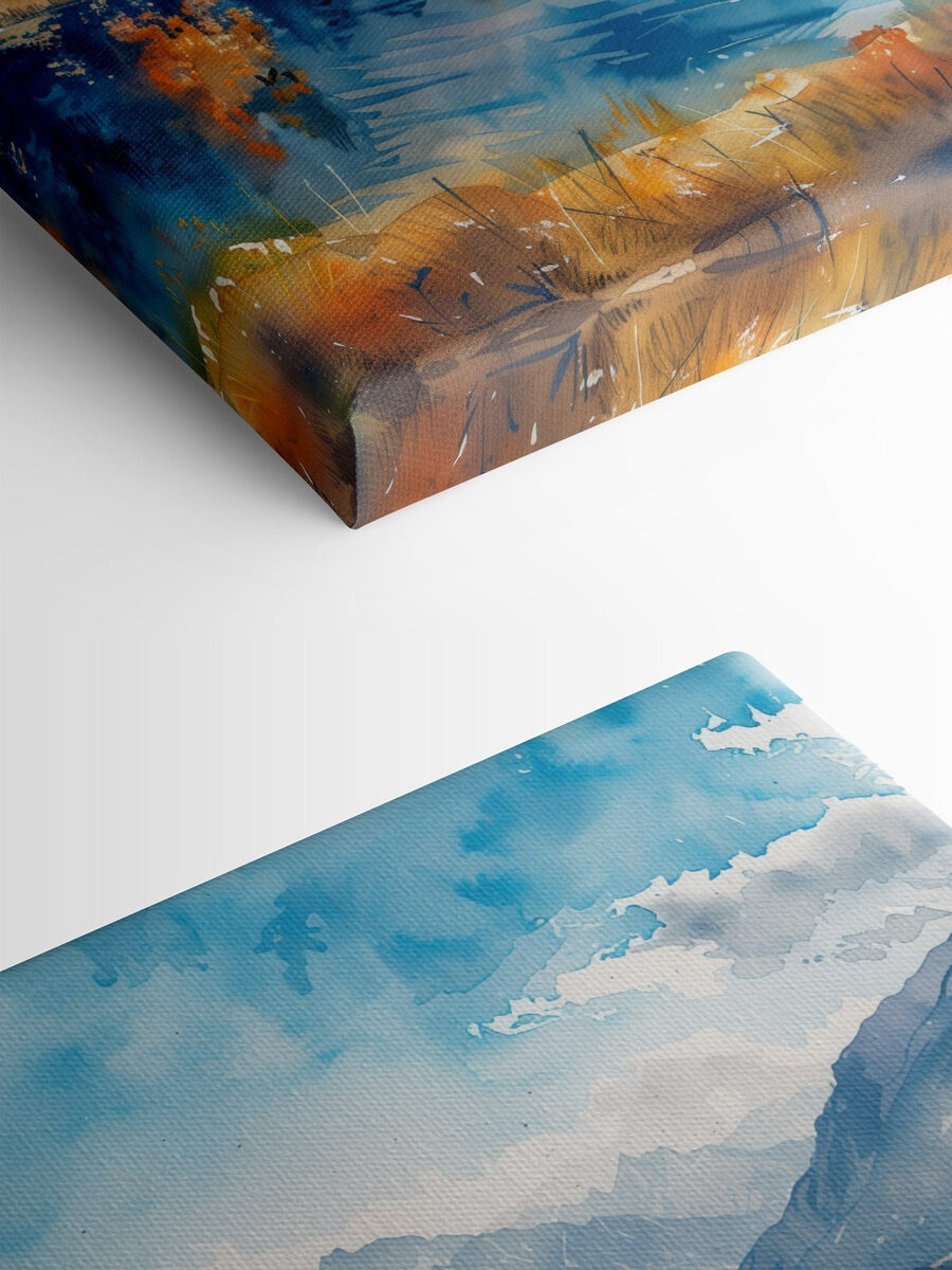 Aquarel schilderij van een meer omgeven door bergen en wolken