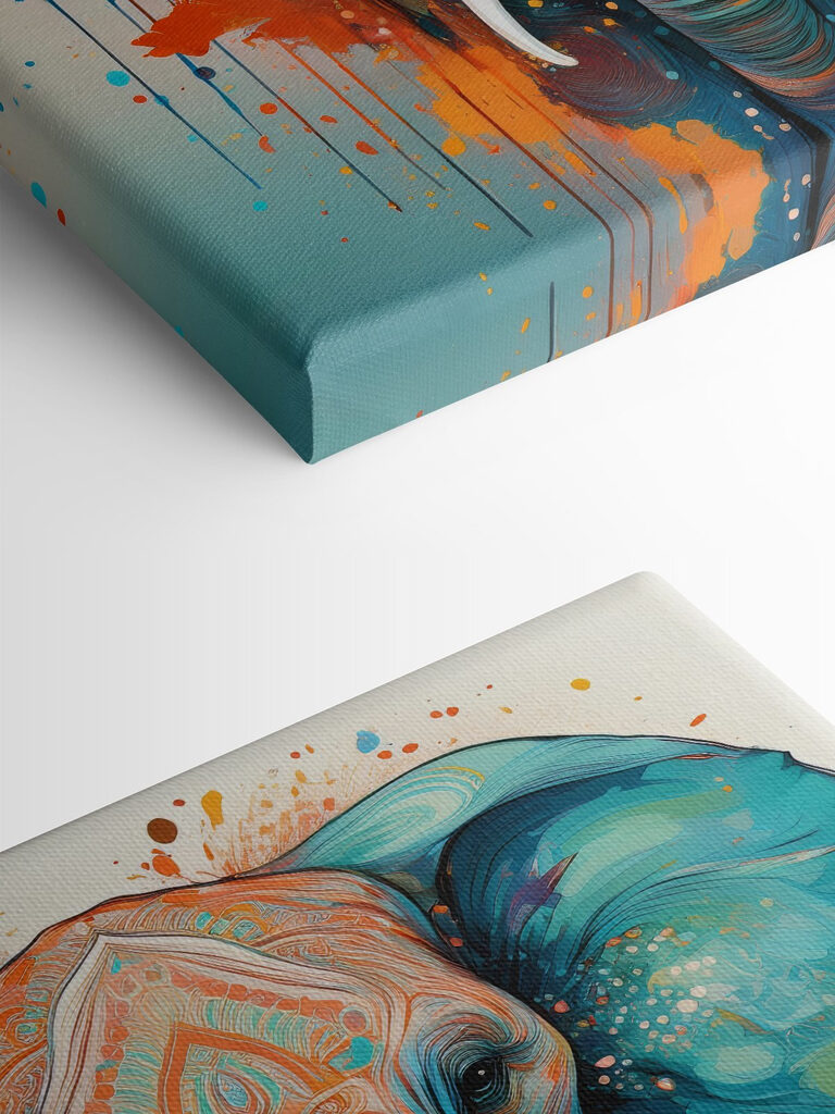 An elephant with colorful paint splatters