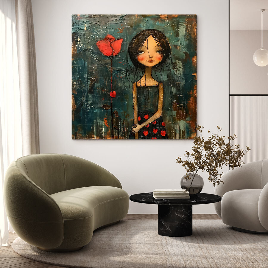 Schilderij van een meisje met een bloem