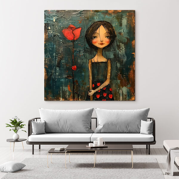 Schilderij van een meisje met een bloem Schilderij van een meisje met een bloem