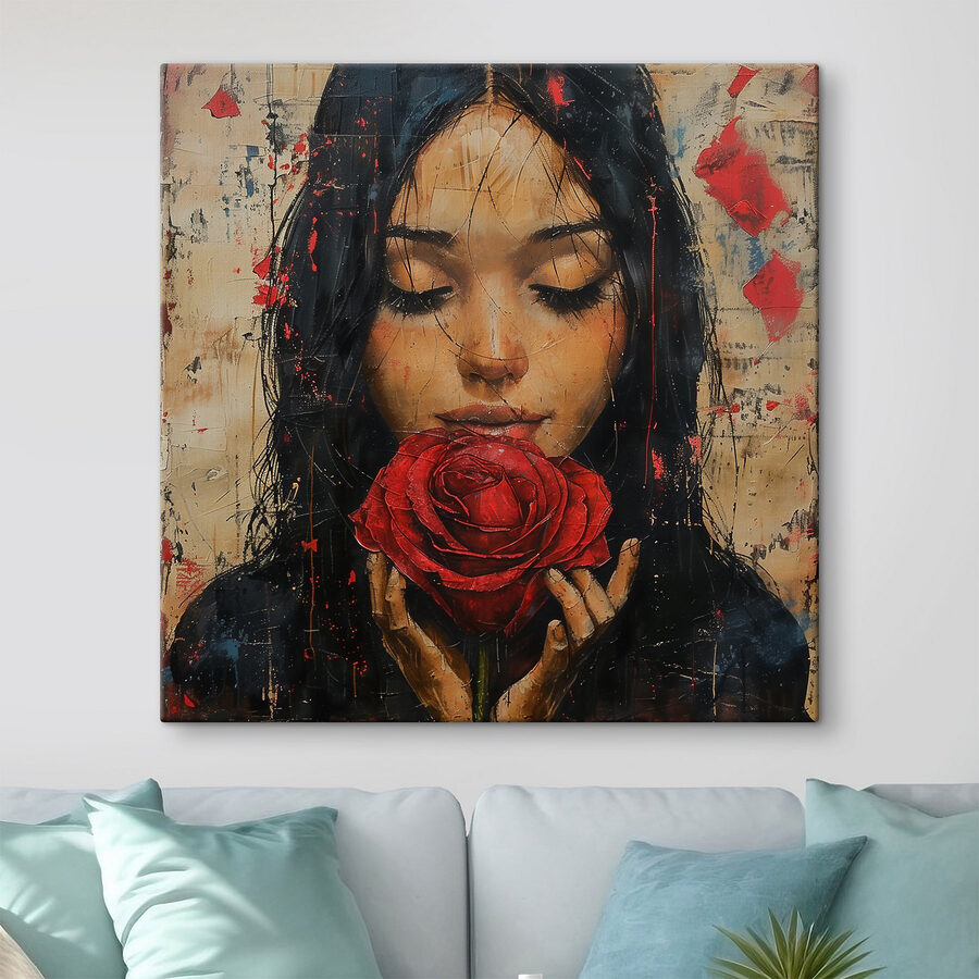 Schilderij van een vrouw met een rode roos