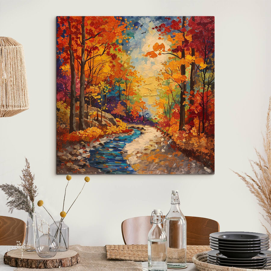 Schilderij van een rivier die door een bos stroomt