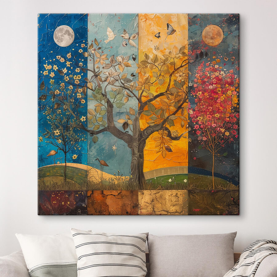 Schilderij van een boom met verschillende kleuren bomen en vogels