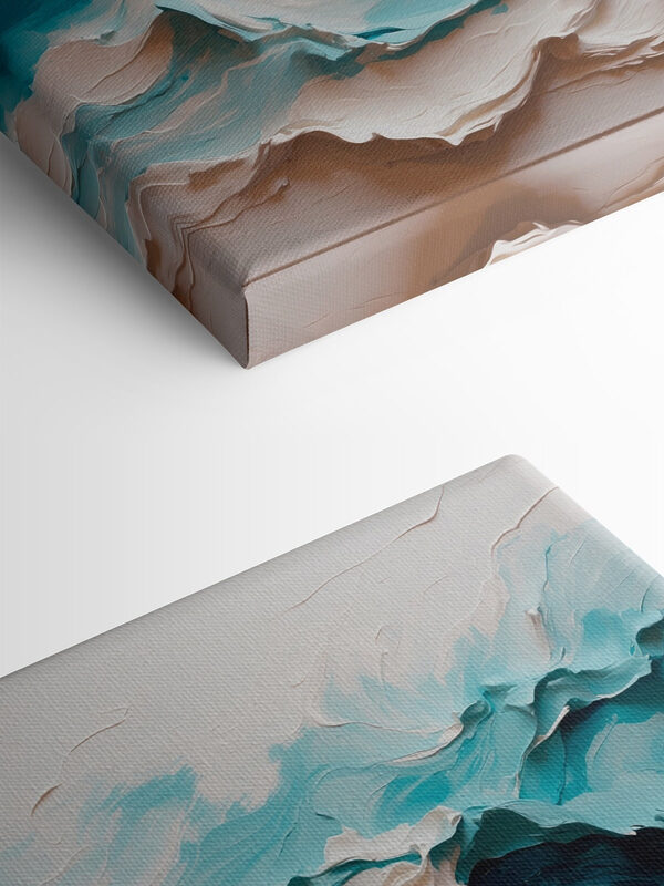 Painting of a mountain with white and blue waves