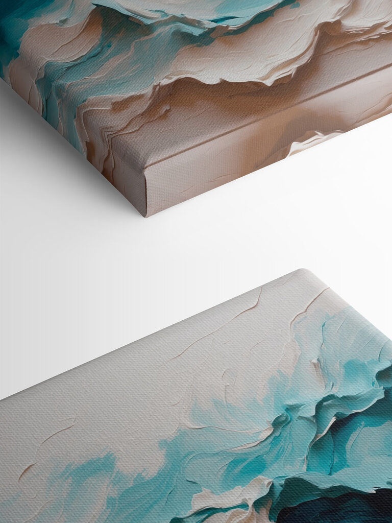 Painting of a mountain with white and blue waves