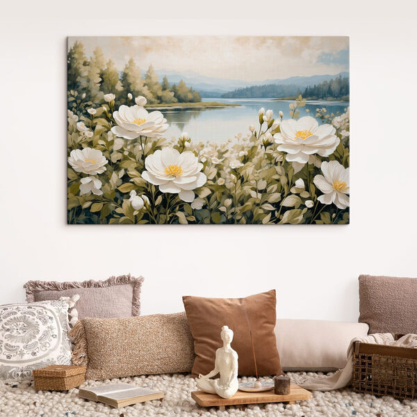 Schilderij van bloemen bij een meer Schilderij van bloemen bij een meer