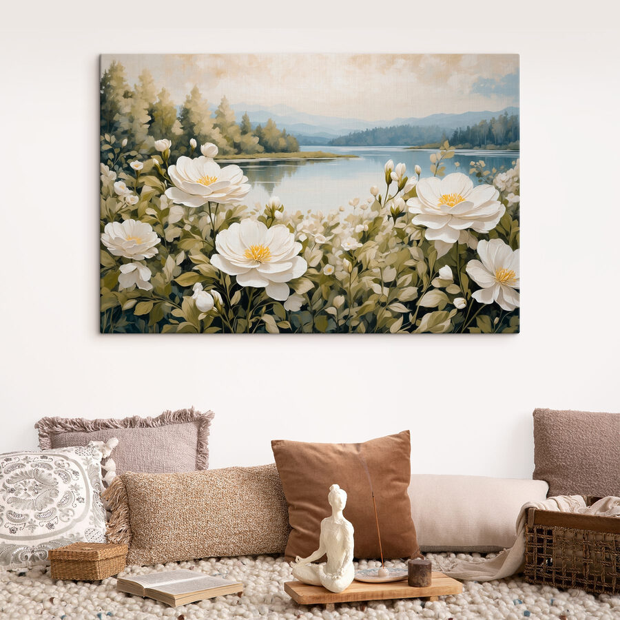 Schilderij van bloemen bij een meer