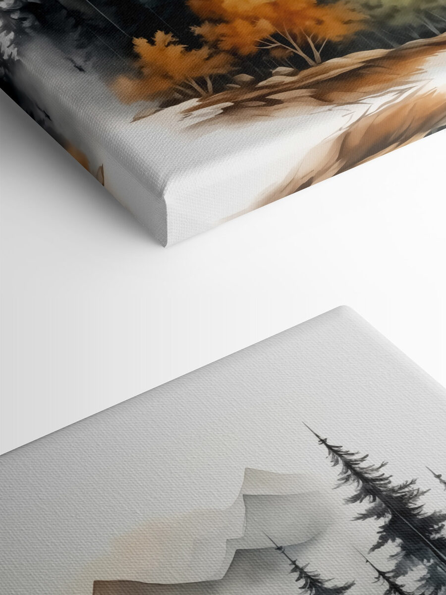 Schilderij van een bos en bergen Schilderij van een bos en bergen