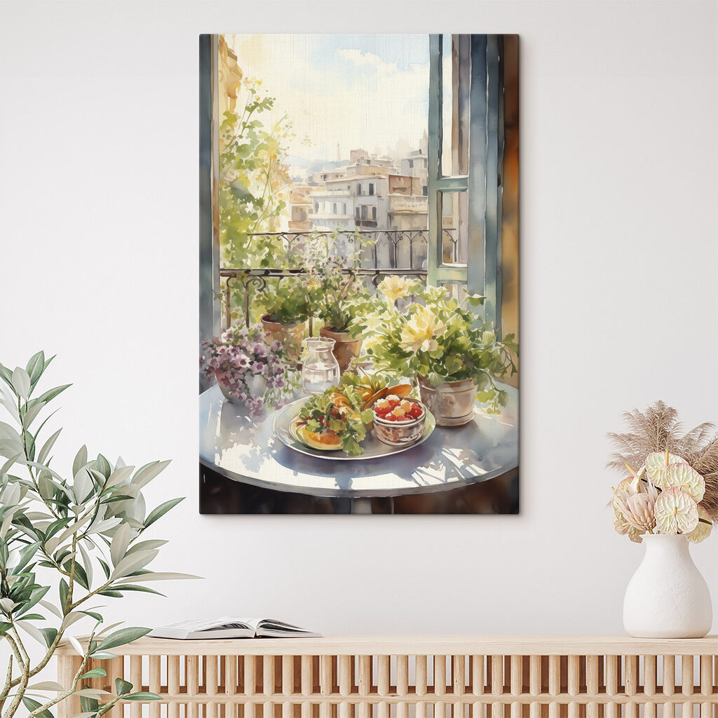 Watercolor painting of flowers and fruits on a table in front of a window Watercolor painting of flowers and fruits on a table in front of a window