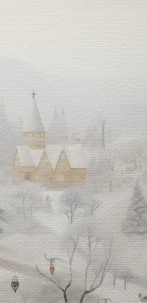 Snowy landscape with houses and trees