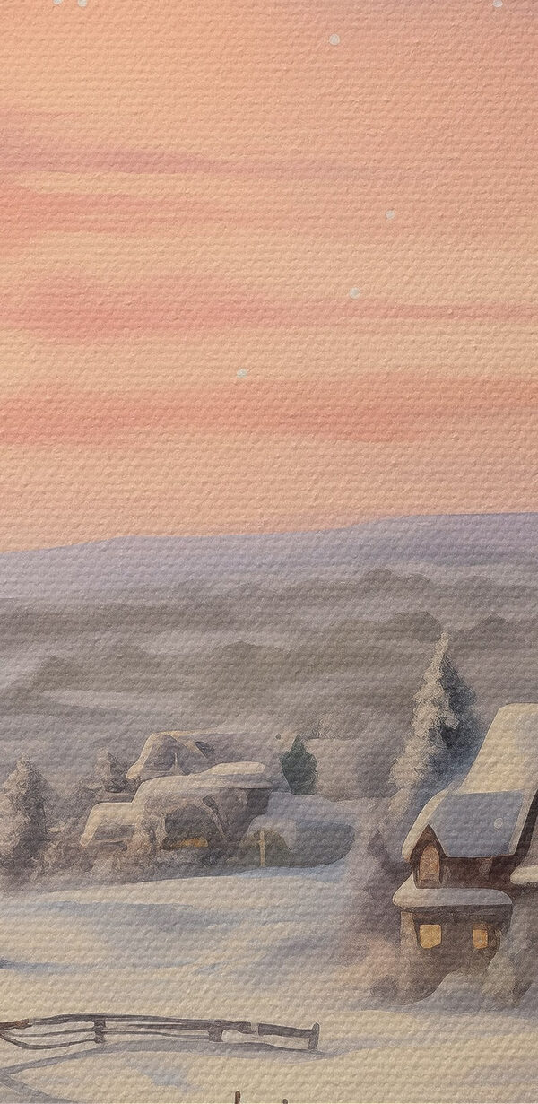 Besneeuwd dorp met huizen en een hek Besneeuwd dorp met huizen en een hek
