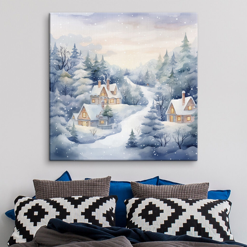 Painting of houses in a snowy forest