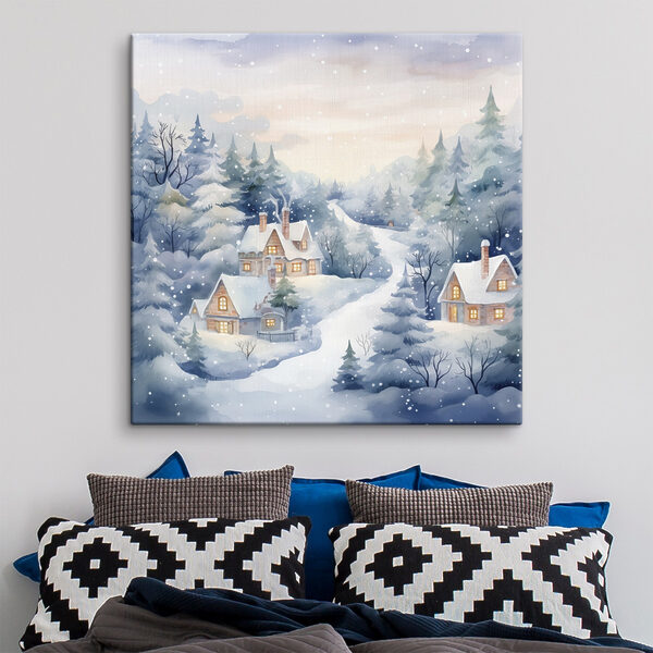 Painting of houses in a snowy forest