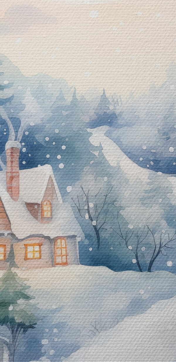 Painting of houses in a snowy forest