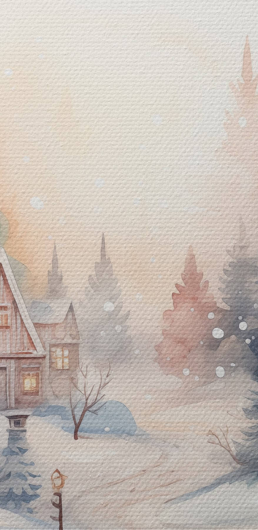 Aquarel van huizen in een besneeuwd bos