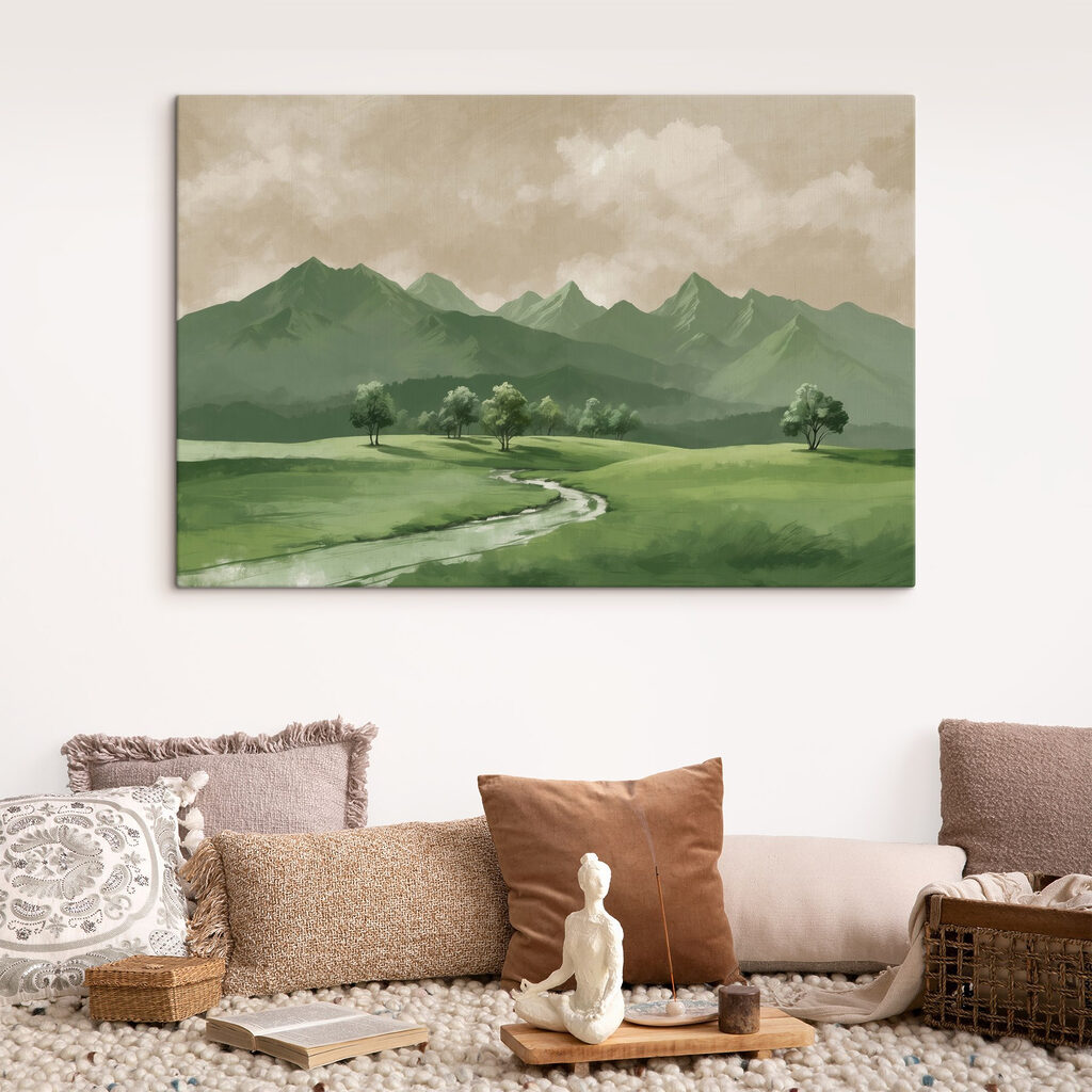 River running through a valley with trees and mountains River running through a valley with trees and mountains