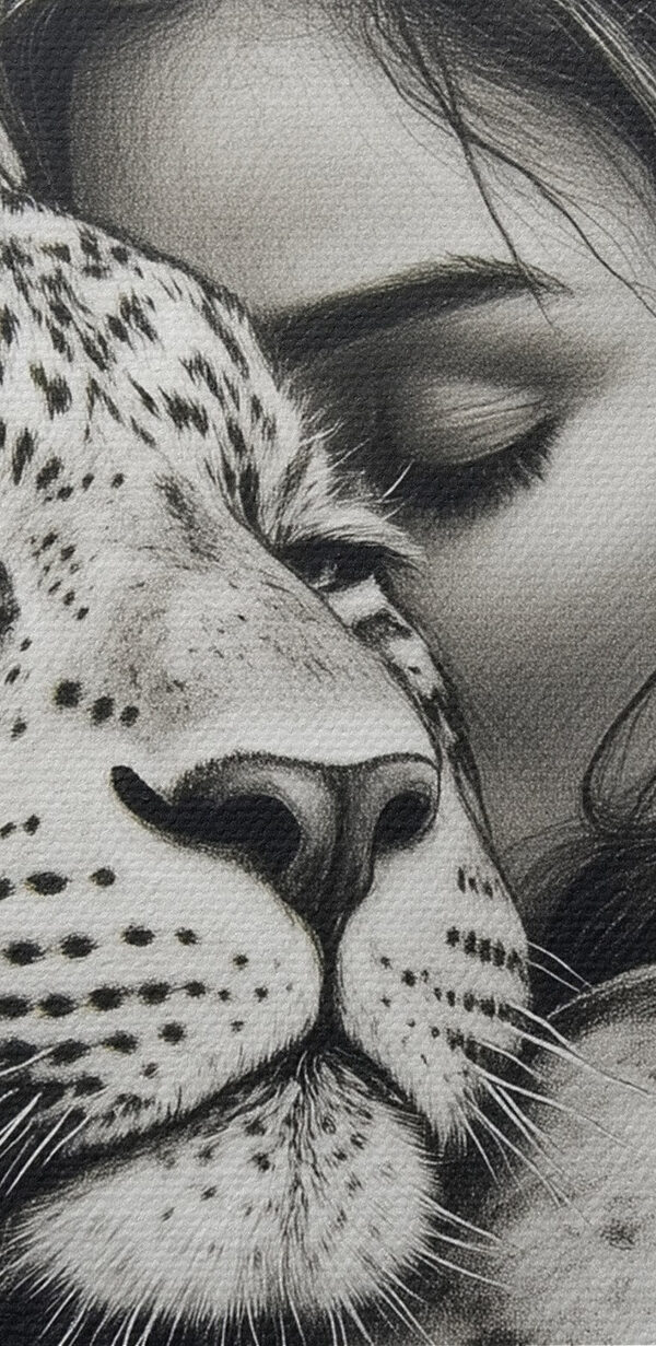 Tekening van een vrouw die een luipaard knuffelt Tekening van een vrouw die een luipaard knuffelt