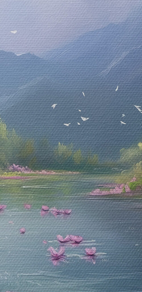 Rivier met bloemen en bergen op de achtergrond s41629pzvl 499x1024 - Rivier met bloemen en bergen op de achtergrond