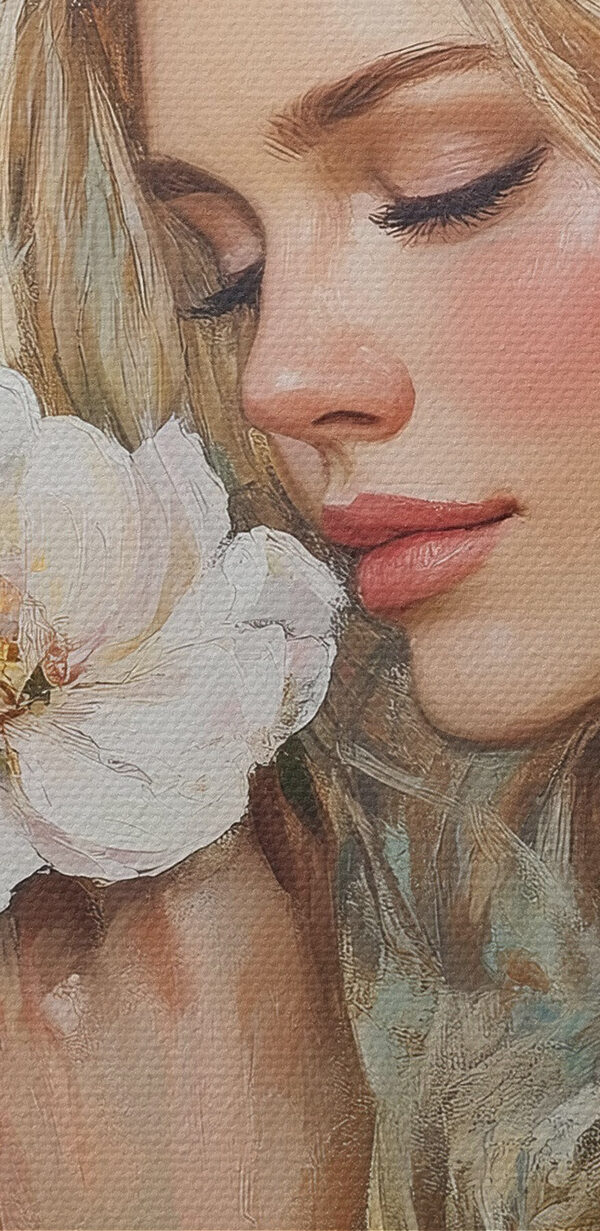 Schilderij van een vrouw die bloemen ruikt Schilderij van een vrouw die bloemen ruikt