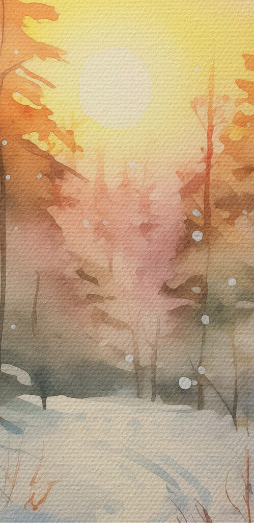 Watercolor painting of a snowy forest