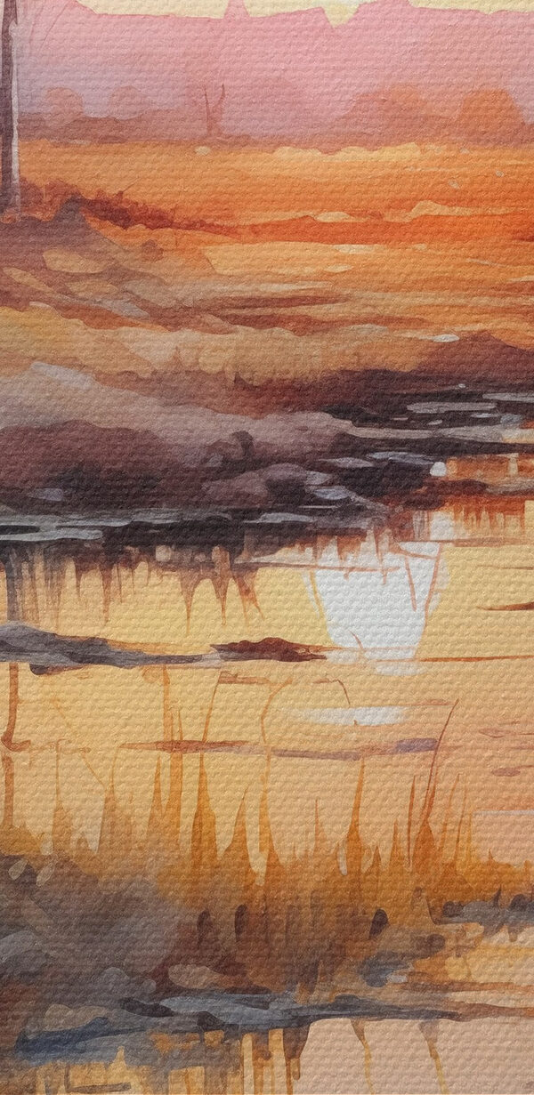 Aquarel van een rivier met bomen en een zonsondergang Aquarel van een rivier met bomen en een zonsondergang