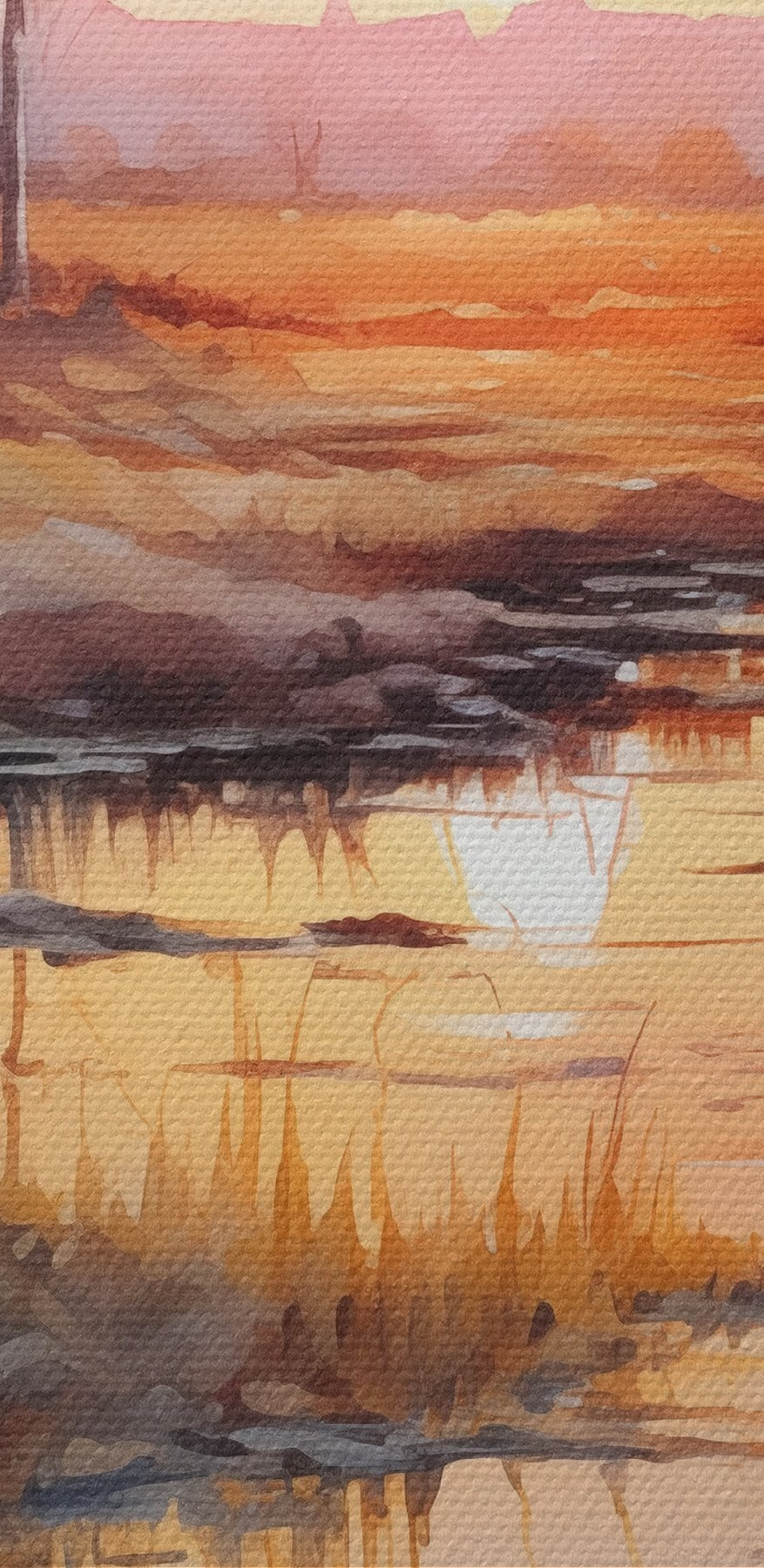 Aquarel van een rivier met bomen en een zonsondergang Aquarel van een rivier met bomen en een zonsondergang