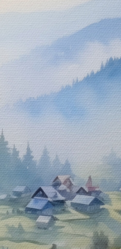 Painting of a village in the mountains