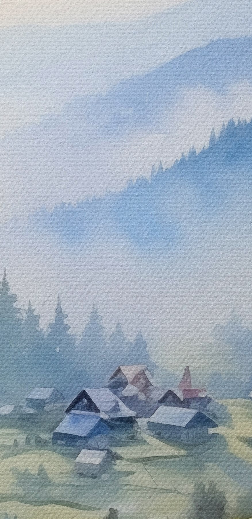 Schilderij van een dorp in de bergen