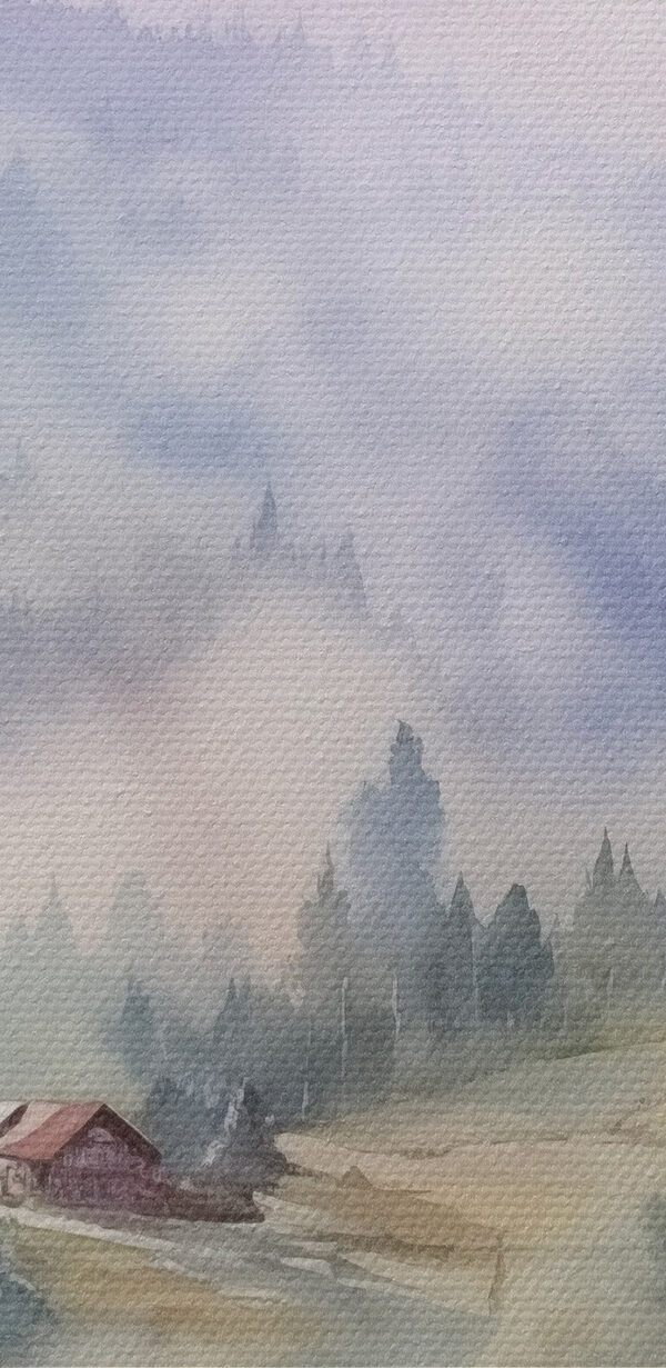 Aquarel van een dorp in de bergen Aquarel van een dorp in de bergen