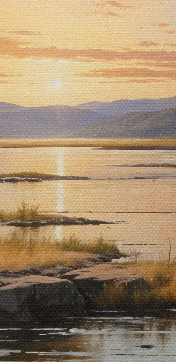 Landschap van een meer met een zonsondergang Landschap van een meer met een zonsondergang