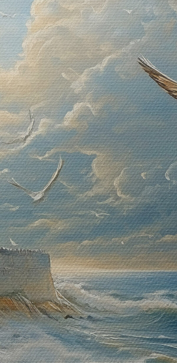 Schilderij van vogels vliegend over een strand Schilderij van vogels vliegend over een strand