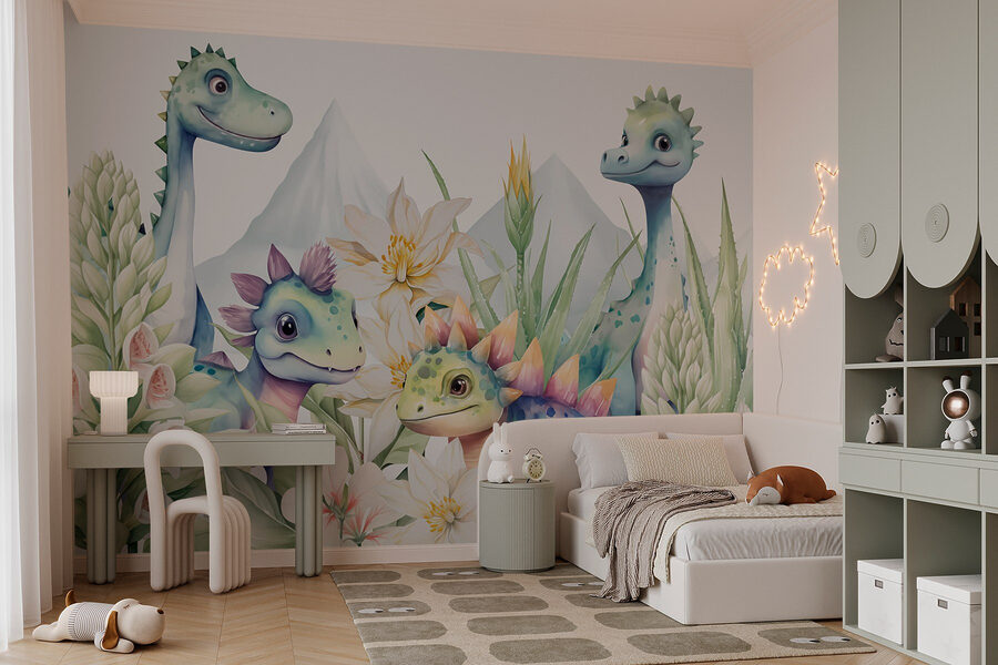 Groep dinosaurussen omringd door bloemen