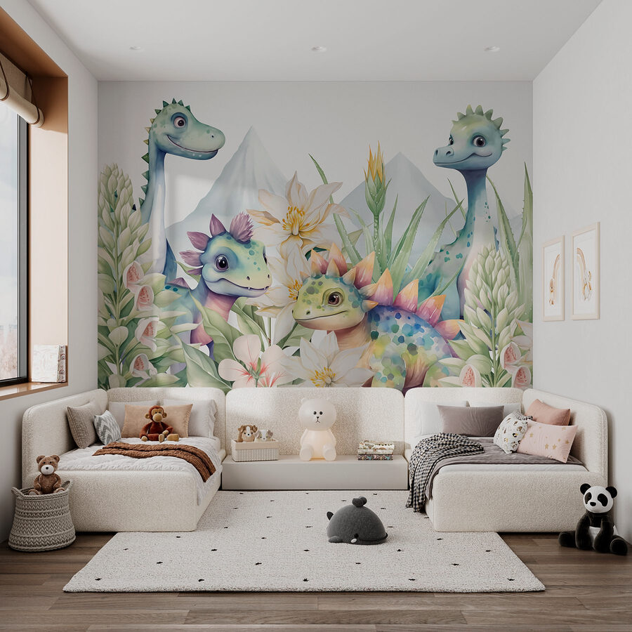 Groep dinosaurussen omringd door bloemen