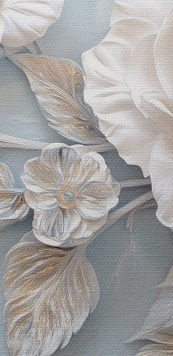 Witte bloemen en bladeren op een blauw oppervlak Witte bloemen en bladeren op een blauw oppervlak