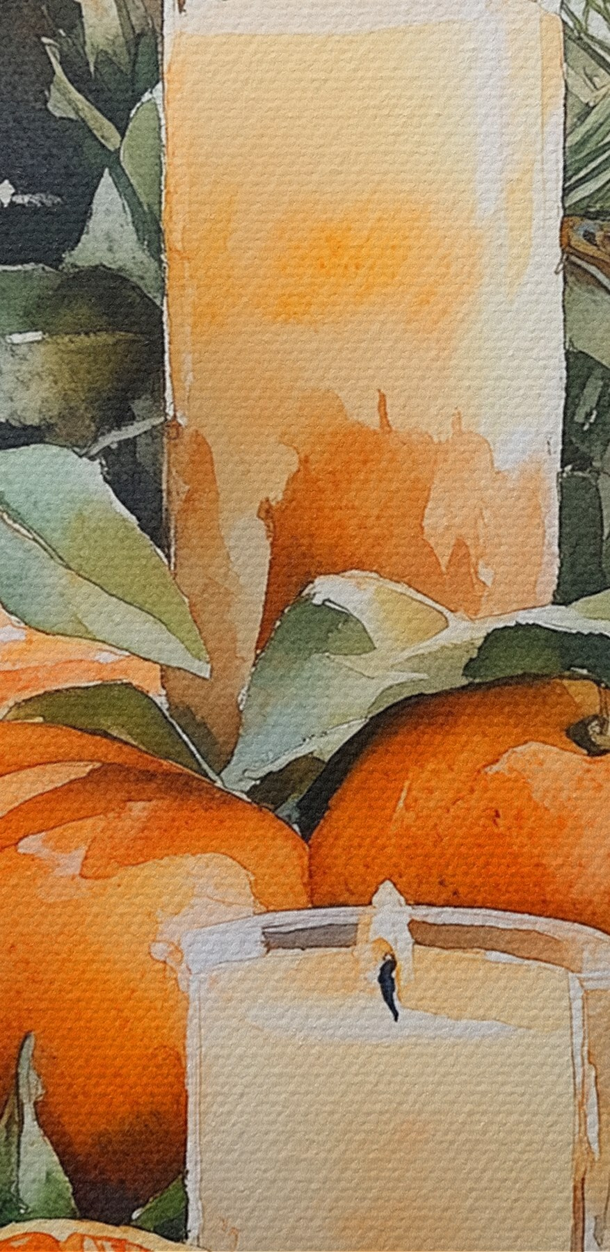 Schilderij van sinaasappels en kaarsen