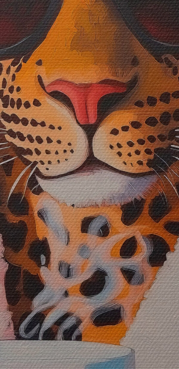 Schilderij van een luipaard in een gewaad en zonnebril die een beker vasthoudt Schilderij van een luipaard in een gewaad en zonnebril die een beker vasthoudt