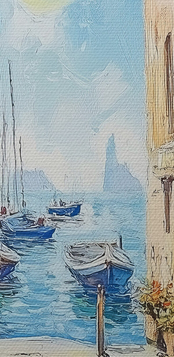 Schilderij van een straat met boten en gebouwen Schilderij van een straat met boten en gebouwen