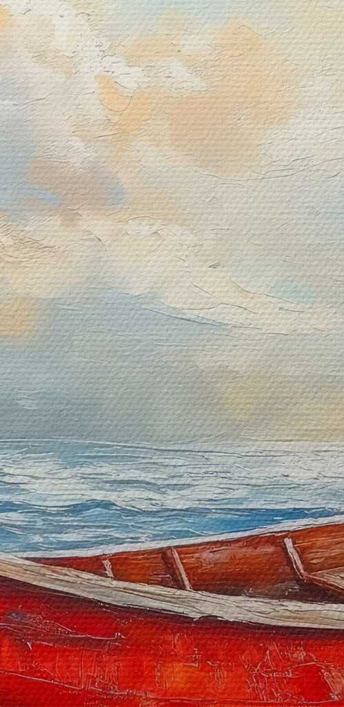 Painting of a boat on a beach