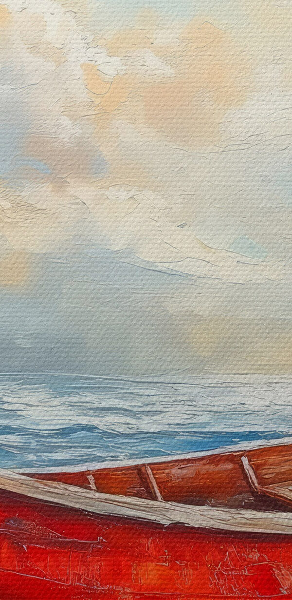 Schilderij van een boot op een strand Schilderij van een boot op een strand