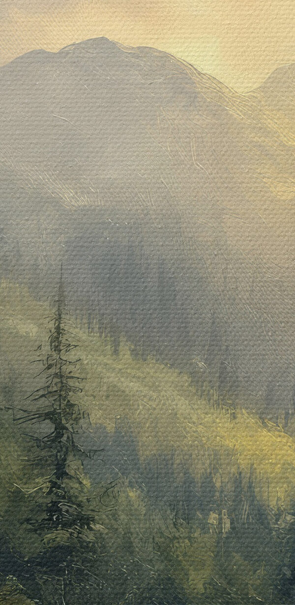 Schilderij van een bos met bergen en bomen Schilderij van een bos met bergen en bomen
