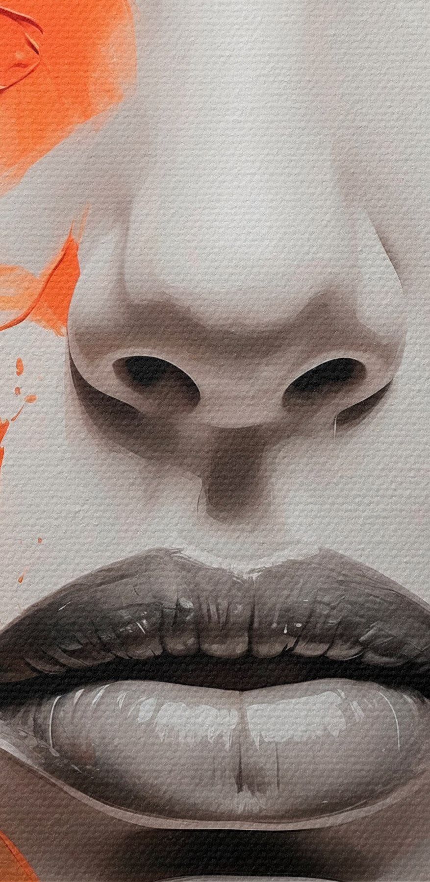 Schilderij van een vrouw met oranje verf op haar gezicht Schilderij van een vrouw met oranje verf op haar gezicht