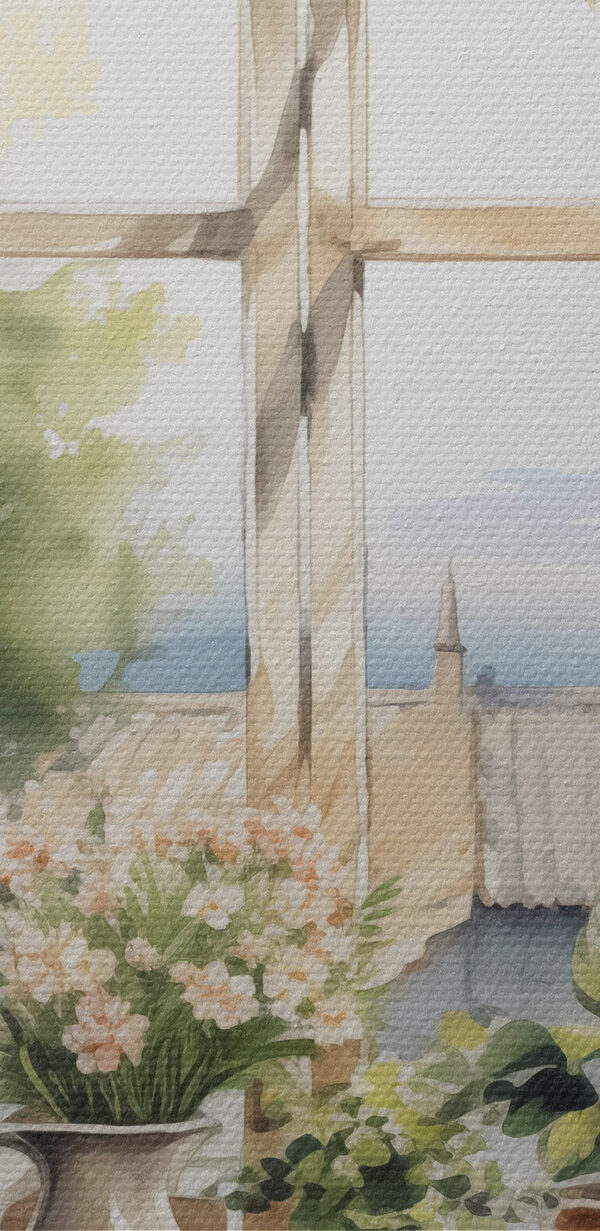 Aquarel van een raam met potplanten Aquarel van een raam met potplanten