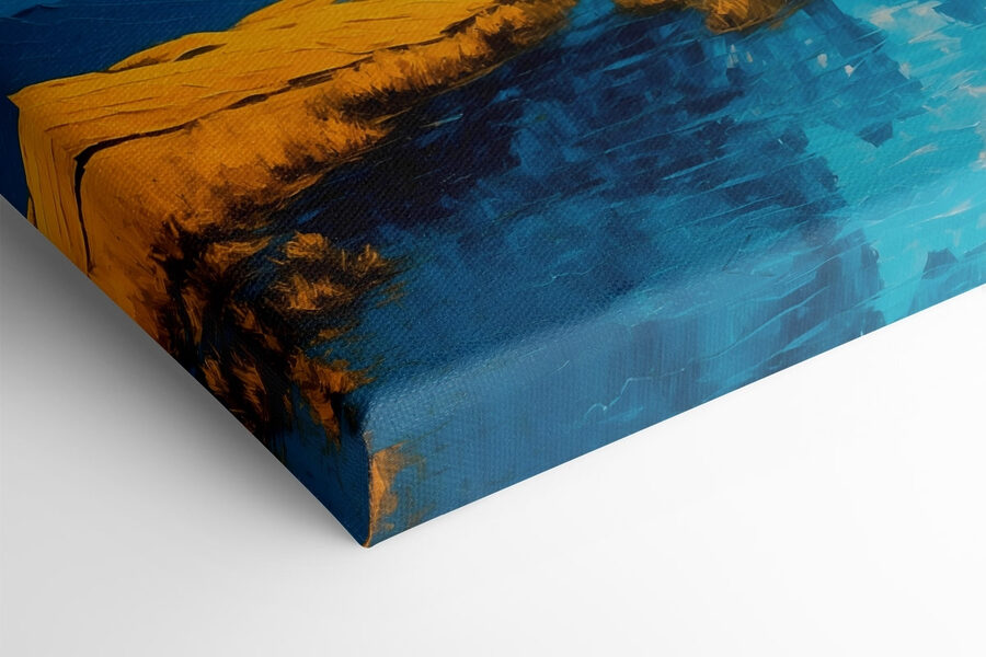 Schilderij van een rivier met bergen en gras Schilderij van een rivier met bergen en gras