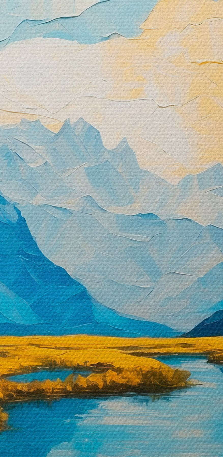 Schilderij van een rivier met bergen en gras Schilderij van een rivier met bergen en gras