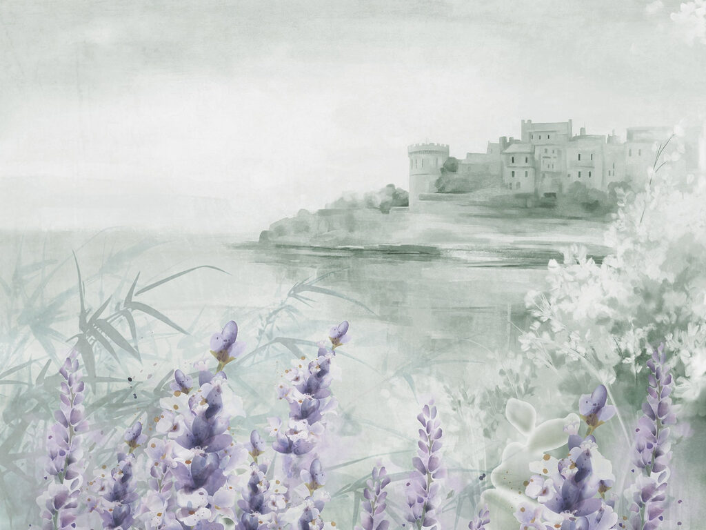 Aquarel van een kasteel en bloemen Aquarel van een kasteel en bloemen